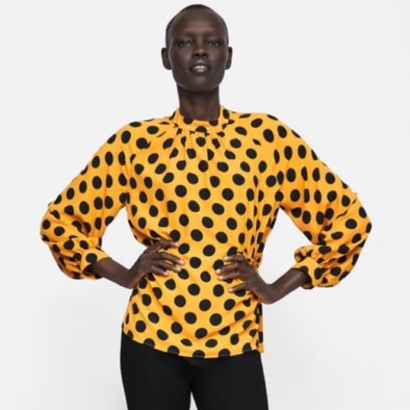 Zara High Neck Mustard & Black Polka Dot Blouse- Small - Picture 2 of 6